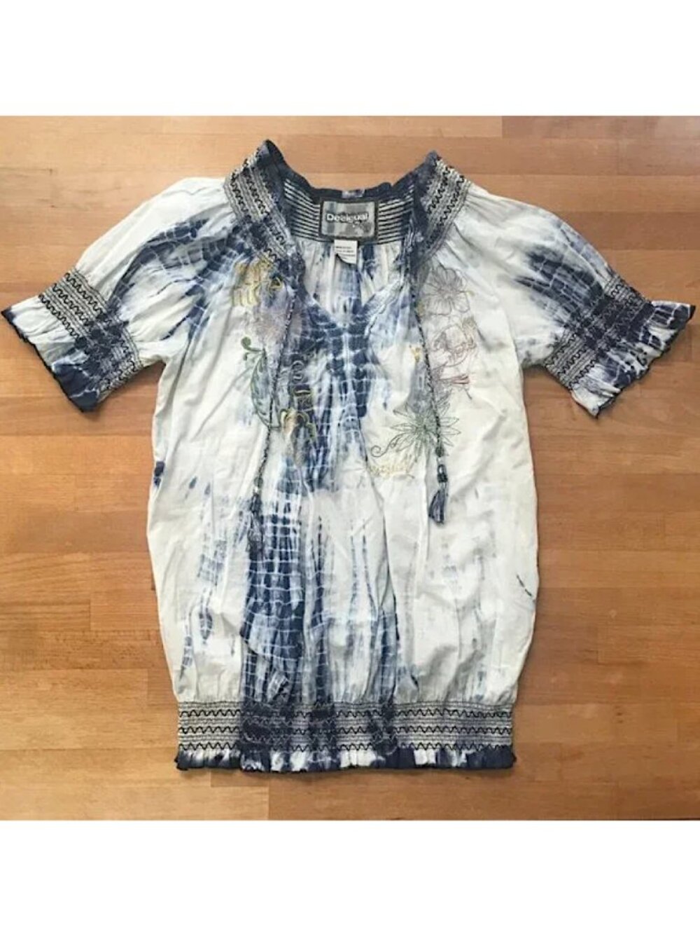 Desigual Tie Dye Ombre Smocked Embroidered Peasant Top Puff Sleeves Boho Size L